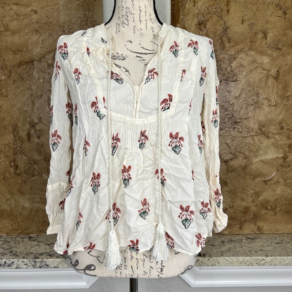 A.L.C. 100% Silk Blouse Top Womens 0 Hair Front Tie Floral Print Bohemian Beige‎